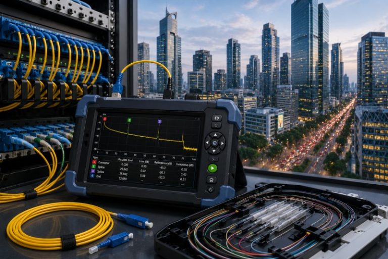 Test OTDR pada kabel fiber optik di gedung bertingkat dengan panorama perkotaan di jendela