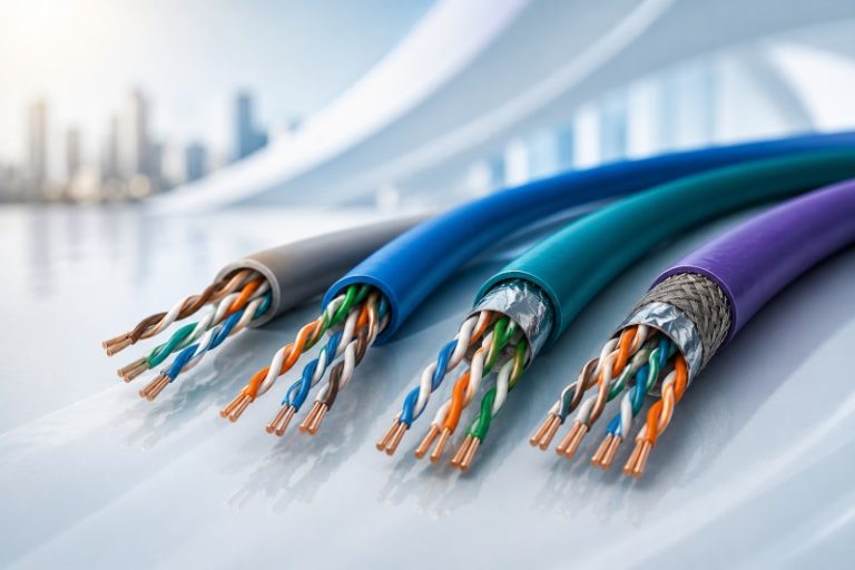 Empat tipe kabel LAN dari kiri ke kanan Cat5e, Cat6, Cat6A, Cat7