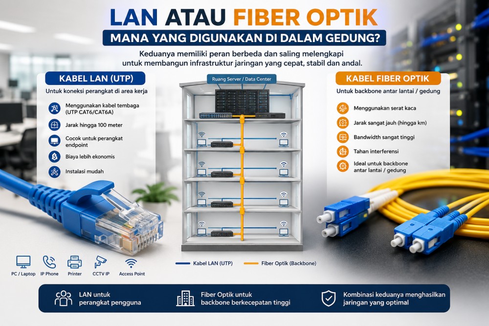 Infografis mengenai perbedaan LAN dan Fiber Optik dalam konteks jaringan di Dalam Gedung