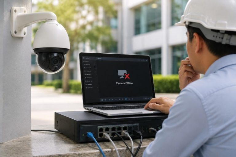 Teknisi memperbaiki CCTV Offline