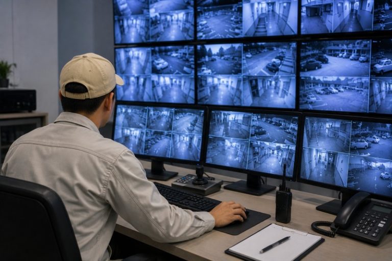 Teknisi mengamati layar rekaman cctv di ruang kontrol