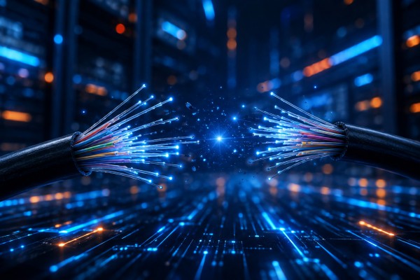 Kabel Fiber Optik Putus dengan latar belakang jaringan modern