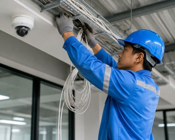 Teknisi dengan seragam warna biru dan topi safety melakukan Penarikan Kabel CCTV di plafon