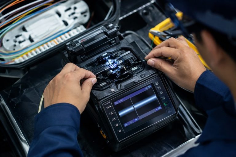 Teknisi melakukan Splicing Fiber Optik dengan alat