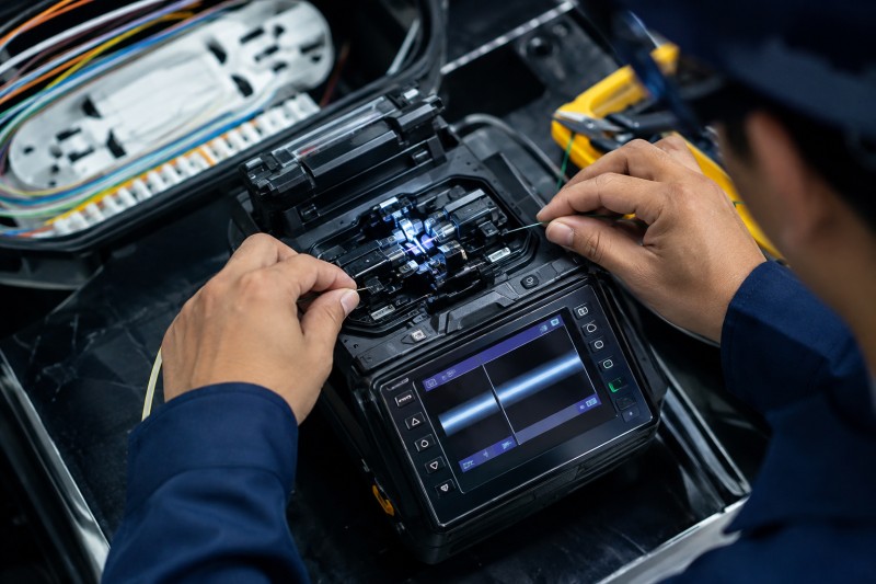 Teknisi melakukan Splicing Fiber Optik dengan alat