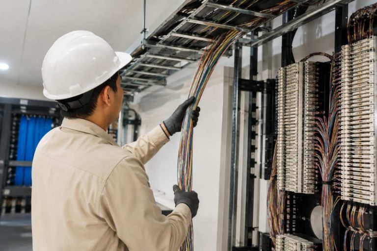 Teknisi melakukan tarik kabel multipair untuk pabx