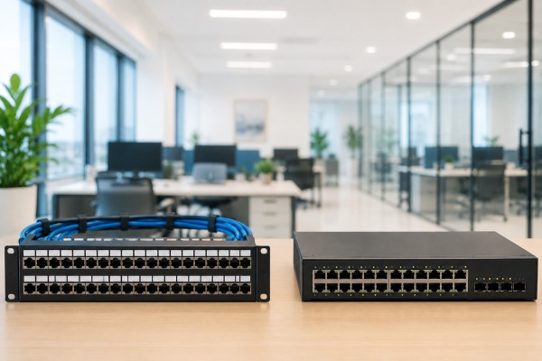 Patch Panel dan Switch di atas meja dalam ruang kantor