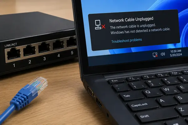Laptop menunjukkan bahwa Kabel LAN Tidak Terdeteksi
