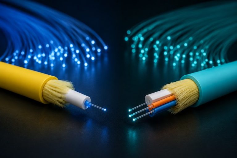 Kabel Fiber Optik Single Mode dan Multi Mode dengan background gelap/hitam
