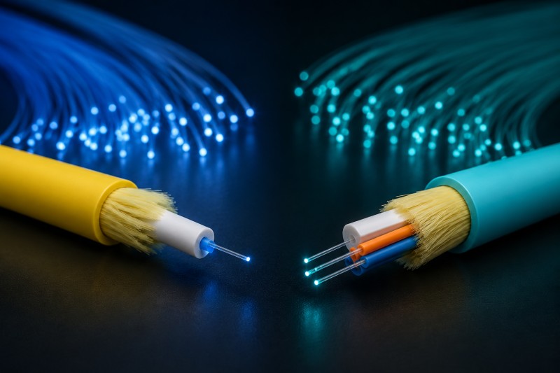 Kabel Fiber Optik Single Mode dan Multi Mode dengan background gelap/hitam