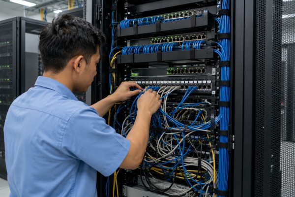 teknisi dengan seragam biru muda melakukan perapihan rak server di ruang server kantor
