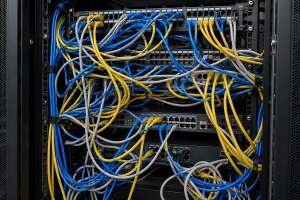 Rack server berantakan dengan kabel LAN saling bertumpuk pada patch panel dan network switch.
