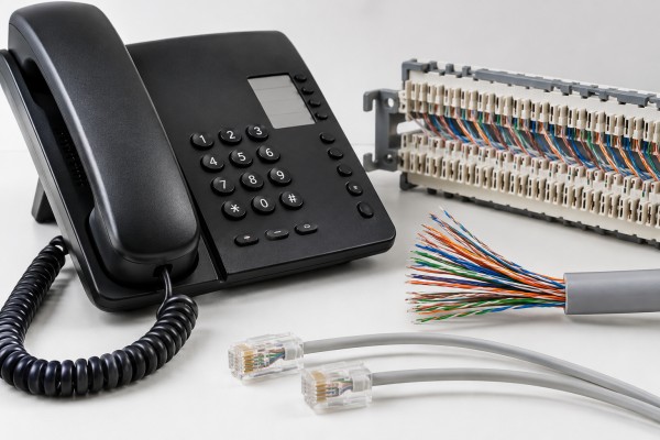 telepon kantor warna hitam dan perkabelannya