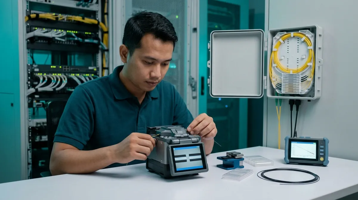 Teknisi melakukan fusion splicing fiber optik di samping OTB dengan alat OTDR di meja kerja