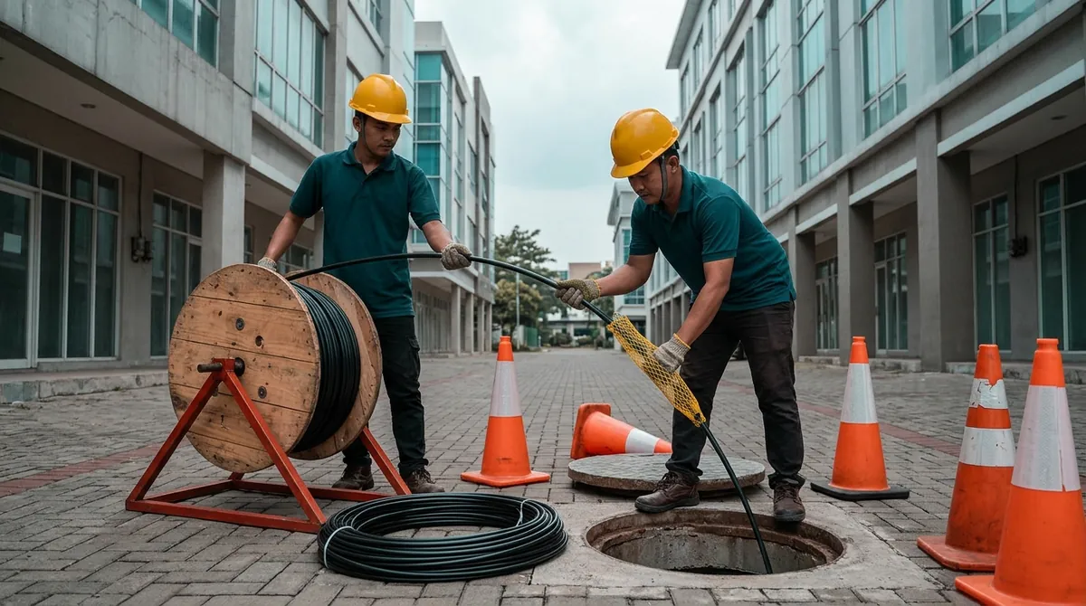 Teknisi menarik kabel fiber optik dari manhole di antara dua gedung dengan pulling grip dan kabel di atas reel