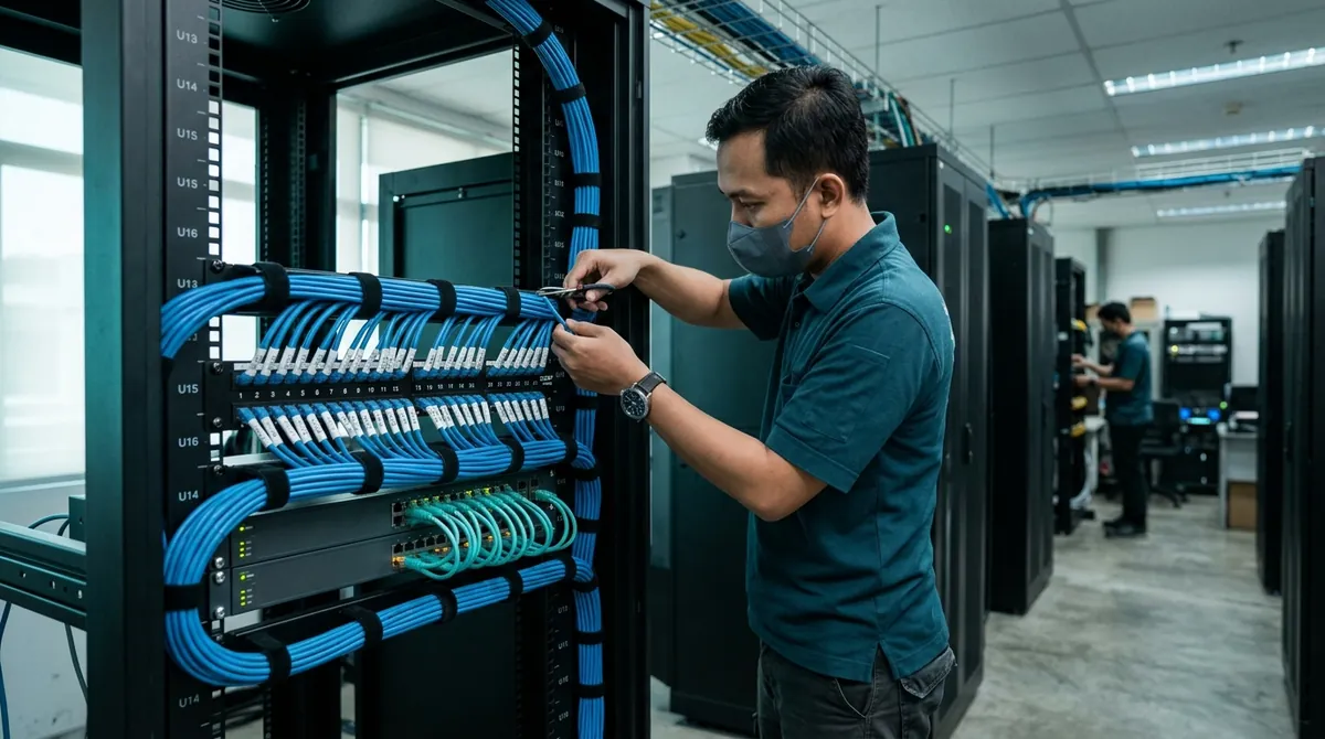 Teknisi merapikan bundel kabel UTP Cat6 berlabel pada patch panel di rack jaringan kantor