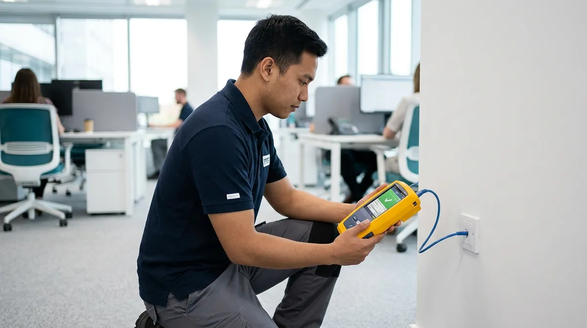 Teknisi menguji titik jaringan kantor dengan alat sertifikasi kabel yang terhubung ke outlet dinding